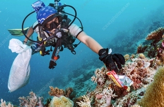 Diver with bag collecting debris from a reef. 