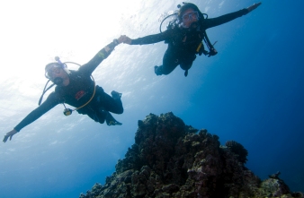Two divers holding hands drifting over a reef pinnacle