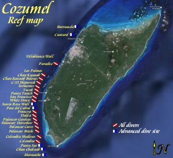 Satellite map of Cozumel with dive sites labeled